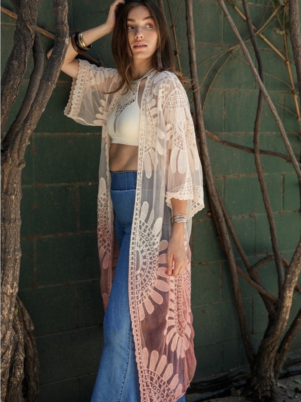 Boho Lace Ombre Kimono - Cream to Blush